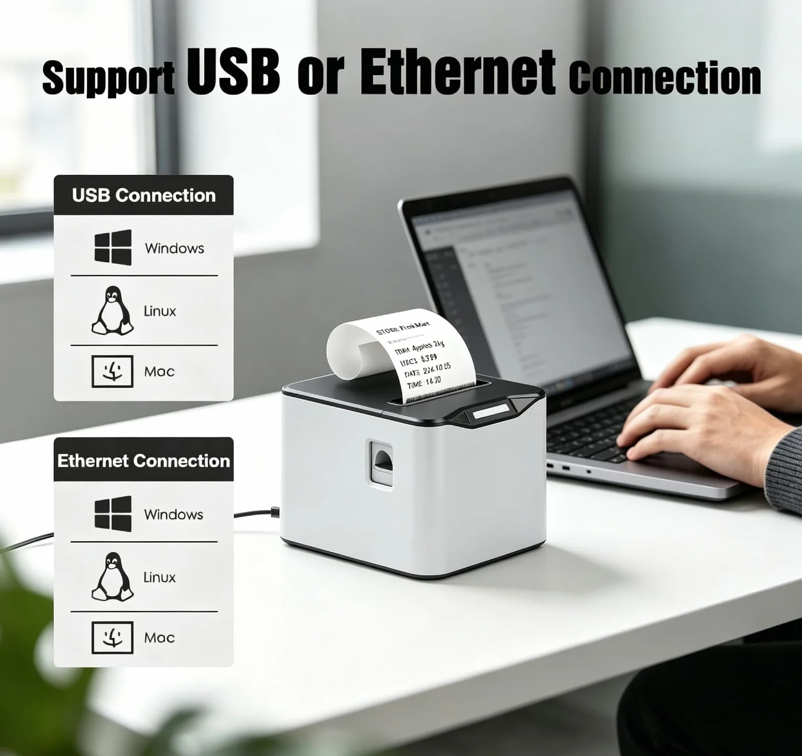 Bisofice Bondrukcer 80mm Thermodrucker Bondrucker Belegdrucker 220 mm/s Quittungsdrucker USB+LAN, Unterstützt die Steuerung der Kassenschublade, ESC/POS, Kompatibel mit Win/Linux/MAC