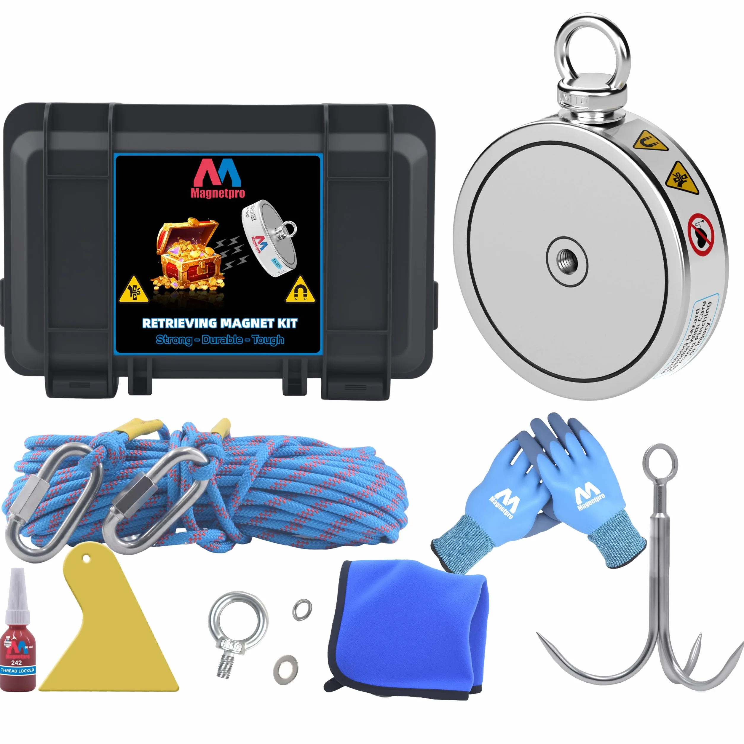 Magnetpro 900 KG Komplettes Abrufmagnet-Set, Doppelseitiges Angelmagnet Enthält einen starken Neodym-Magneten, langlebiges 20-Meter-Seil, Karabiner, Handschuhe, Enterhaken und eine Tragetasche